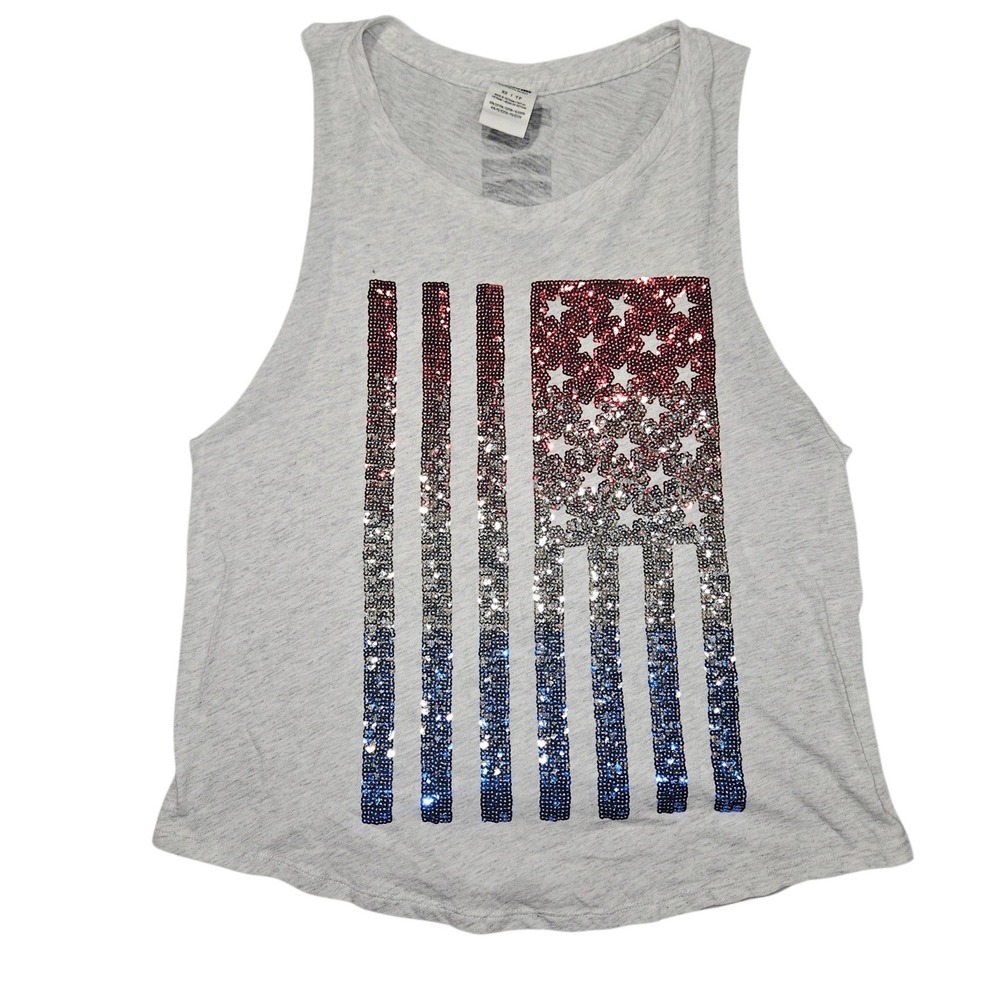 PINK Victoria's Secret Sequin American Flag Muscle Tank Top Grey Sz XS